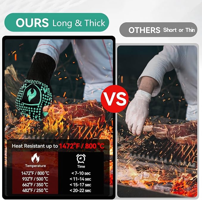 BBQ & Grill Gloves, Oven Gloves, 1472°F Silicone Oven Mitts Heat Resistant Grilling Gloves Fireproof Non-Slip for Barbecue Cooking Baking Smoking, 1-Pair (Green, Medium)