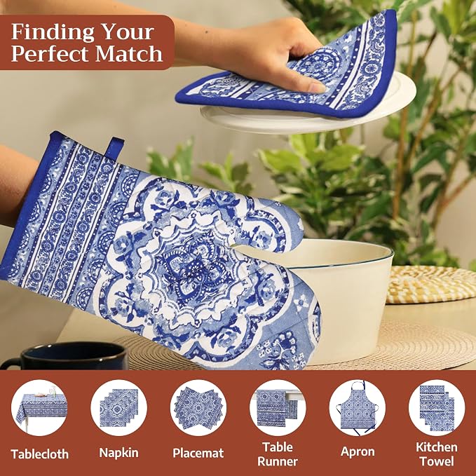 Maison d' Hermine Pot Holders 100% Cotton Potholders (8" x 8", Pack of 1) | Heat Resistant Hot Pads with Loop BBQ Cooking Baking Farmhouse Kitchen Handling Hot Pans Spring Summer - Melodie Bleue