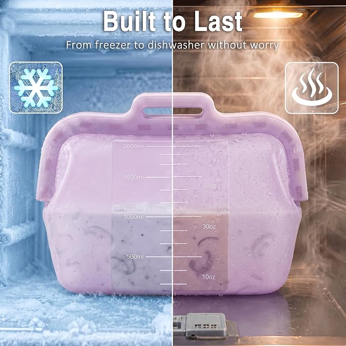 68oz Reusable Silicone Food Storage Bags with Magnetic Seal, Stand Up Freezer Bags for Meal Prep, Snacks, Sandwiches & Leftovers, Dishwasher Safe Reusable Food Storage Bag (Purple)
