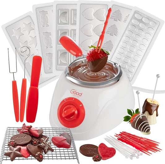 Electric Chocolate Melting Pot Set with 30-Piece Summer S'mores Accessories | Fondue Candy Maker for Dipping, Drizzling and Decorating Strawberries, Marshmallows, Pretzels, Fruit Cookies and Party Treats