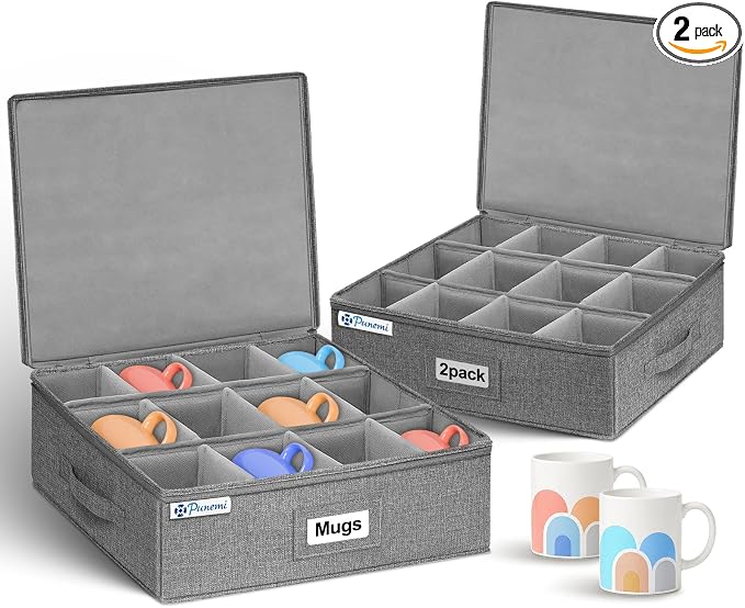 punemi Mug Storage Organizer, 2-Pack Hard Shell Boxes for Packing & Moving | Hard shell sides and bottom with padded dividers for a set of 12 mugs or tea cups; stackable for packing and moving