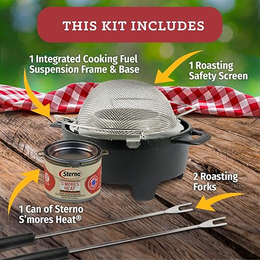 Sterno 70277 Smores Maker Jr Table Top Smores Fire Pit, Portable, Cordless, Food-Safe, Great for Outdoors or Indoors - Jr Size, Black | Includes base, roasting screen, 2 forks, and fuel can