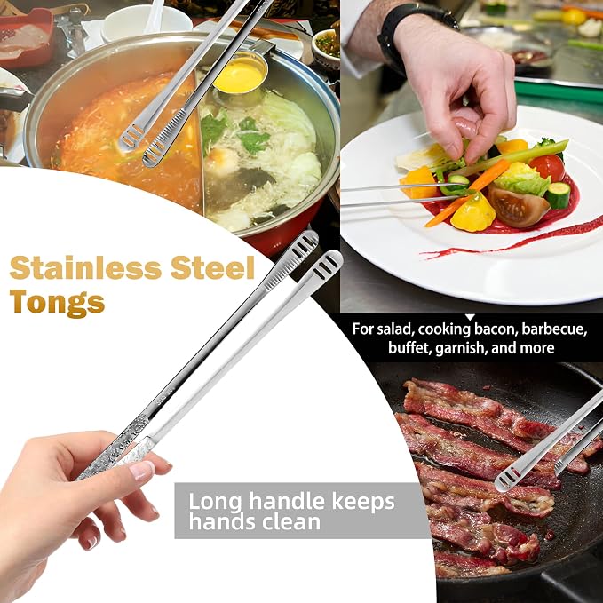 4Pcs 9.5-Inch Stainless Steel Korean BBQ Grill Tongs | Japanese Barbecue Tongs for Cooking, Portable Kitchenware for Home, Outdoor, Steak, Salad, Food
