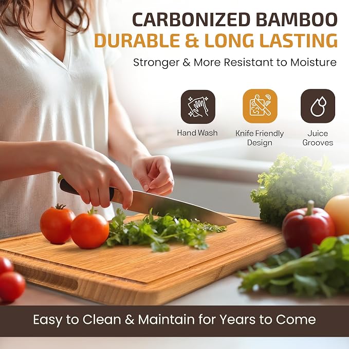 Wood Cutting Board for Kitchen - 1 Inch Thick Bamboo Wooden Chopping Board, Butcher Block Cutting Board with Juice Groove, Handles, Large Meat Cutting Board, Charcuterie Serving Board, 16 x 11