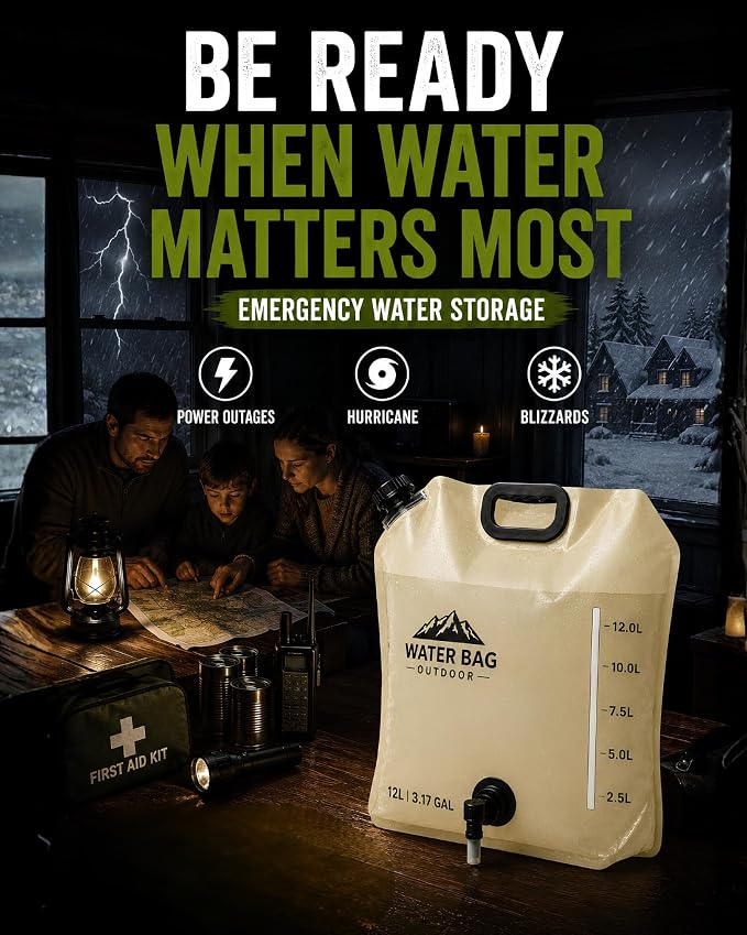 3.17 Gallon/12L Collapsible Water Container with Spigot, Foldable Water Storage Bag for Camping, RV, Emergency Preparedness & Outdoor Cooking