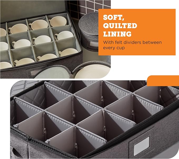 storageLAB Cup & Mug Storage Case | Hard Shell Felt Dividers | Gray | Hard shell case holds 12 cups or mugs in 4x4 felt compartments. Stackable, top-load, dual handles. Also fits wine glasses.