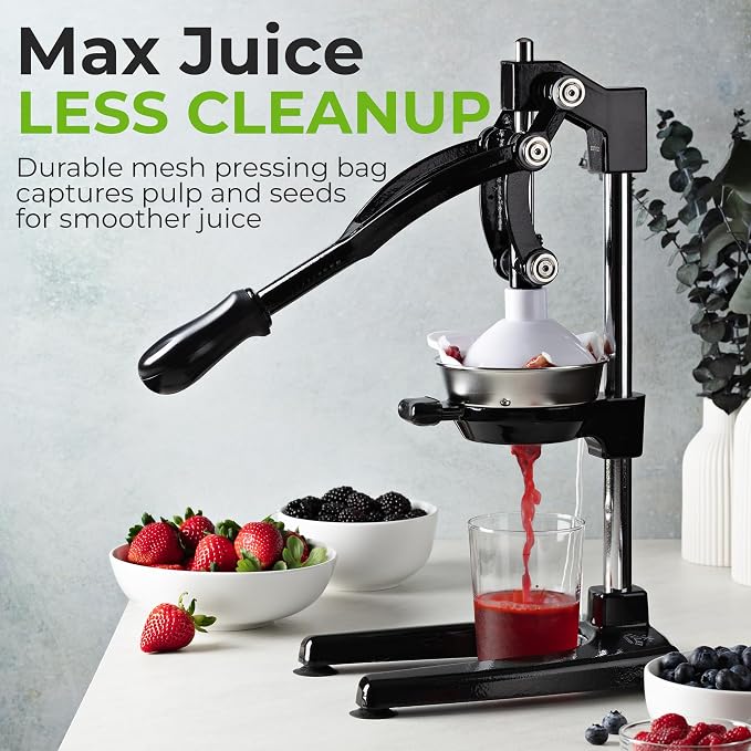 Zulay Kitchen Pulperizer 9 in 1 Cast Iron Juicer - Easy-to-Clean Heavy-Duty Manual Juicer with Presser Attachment to Juice All Types of Fruits! Extra Tall with Stainless Steel Bowl - Black