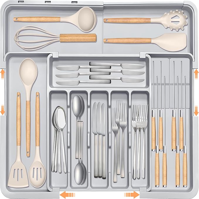 Silverware Drawer Organizer for Kitchen, Adjustable Utensil Drawer Organizer with 2 Knife Block, BPA Free Flatware and Cutlery Holder, Expandable Plastic Storage for Spoons Forks Knives(Grey)