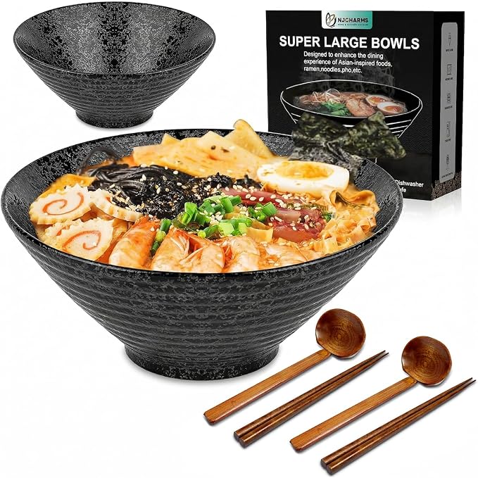 NJCHARMS Ceramic Ramen Bowl Set of 2, 60 oz Japanese Noodle Soup Bowls with Spoons and Chopsticks for Ramen Soup Pho Udon Asian Noodles, Large Noodle Bowls(Black