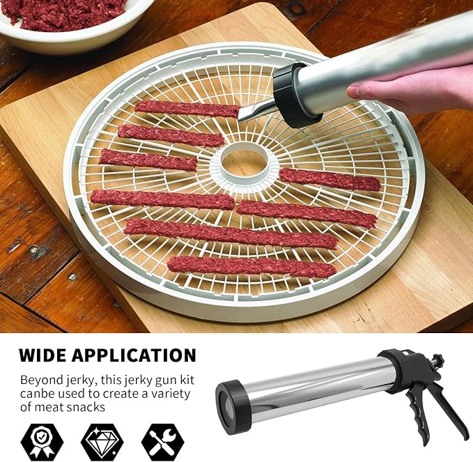 Hoypeyfiy Stainless Steel Jerky Gun Sausage Maker Sausage Stuffer Handmade Beef Jerky Gun with 5 Stainless Nozzles Meat Pusher Cleaning Brushes Kit (2LB)