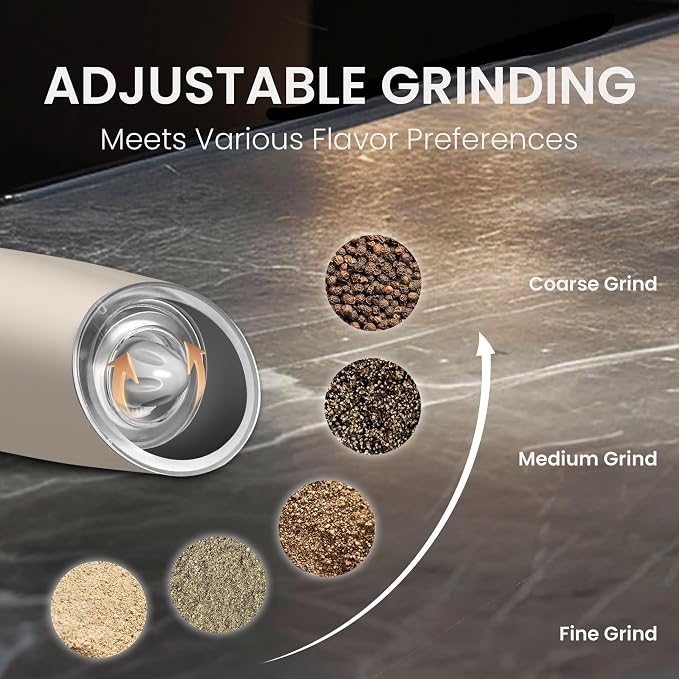 Rechargeable Salt And Pepper Grinder Set with LED Light, Automatic Electric Gravity Salt And Pepper Shakers Set, No Battery Needed, Adjustable Roughness, 2 Pack (Khaki)