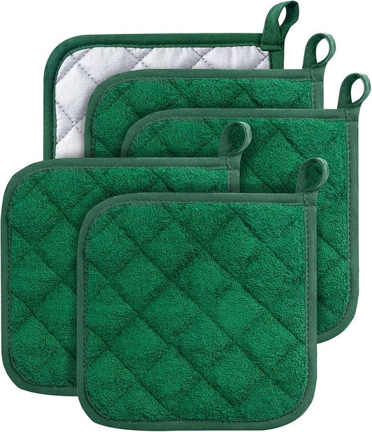 100% Cotton Kitchen Everyday Basic Terry Pot Holder Heat Resistant Coaster Potholder for Cooking and Baking Set of 5 Dark Green