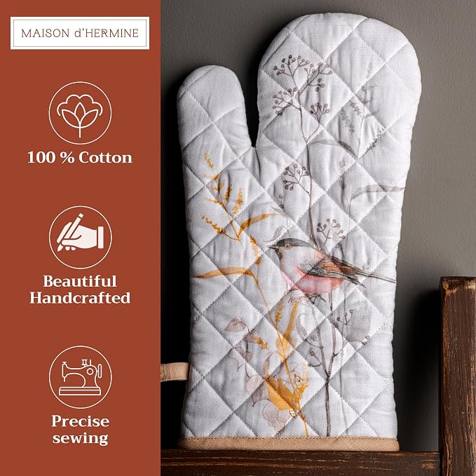 Maison d'Hermine Oven Gloves 100% Cotton Oven Mitt (7" x 13", Pack of 1) | With Loop Heat Resistant BBQ Cooking Gloves Baking Grilling Kitchen Handling Hot Pans Spring Summer - Meadow Florals - Beige