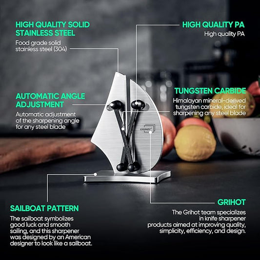 VN3 Professional Knife Sharpener | 3-Action Streamlined Sailboat Design for Effortless Knife Sharpening - The Ultimate Tool for Precision 11 to 21 Degree Angles (Upgrade Stainless Steel)