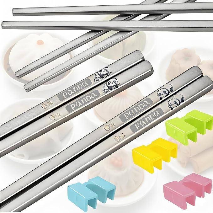 Titanium-plated stainless steel chopsticks with Training Helpers - Premium Reusable Non-Slip & Lightweight Metal Chopsticks Set, Dishwasher Safe, Furniture Kitchen Premium Gift Set (Silver）