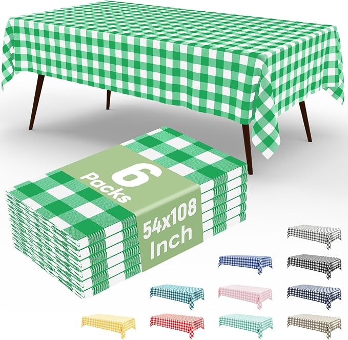 6 Packs Buffalo Disposable Table Cloth, 54 x 108 Inch Waterproof Plastic Tablecloth, Rectangle Green and White Checkered Table Covers for Picnic, Birthday, Party, Back to School