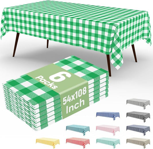 6 Packs Buffalo Disposable Table Cloth, 54 x 108 Inch Waterproof Plastic Tablecloth, Rectangle Green and White Checkered Table Covers for Picnic, Birthday, Party, Back to School