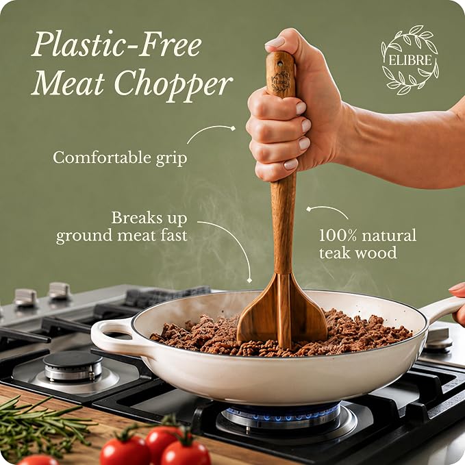 ELIBRE Wooden Meat Chopper & Breaker, Breaks Up Ground Meat, Food Grade | Durable, Long-Lasting & Non-Stick Friendly, Versatile Multi-Function Manual Kitchen Grinder for Beef & Turkey, BPA-Free