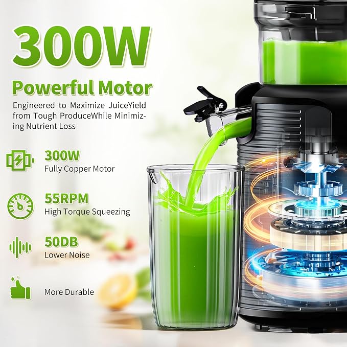 5ive Cold Press Juicer, 5.1" Juicer Press with 41oz Capacity for Fruits Veg | 300W Juicer Machines 99% Yield Juice Press Juice Maker with Recipe