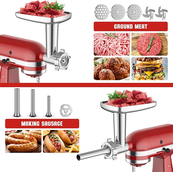 Meat Grinder & Cheese Grater Attachment for KitchenAid Stand Mixer | Meat Grinder with Sausage Stuffer Tubes, Slicer Shredder Attachments, Food Grinder for KitchenAid Mixer Attachments