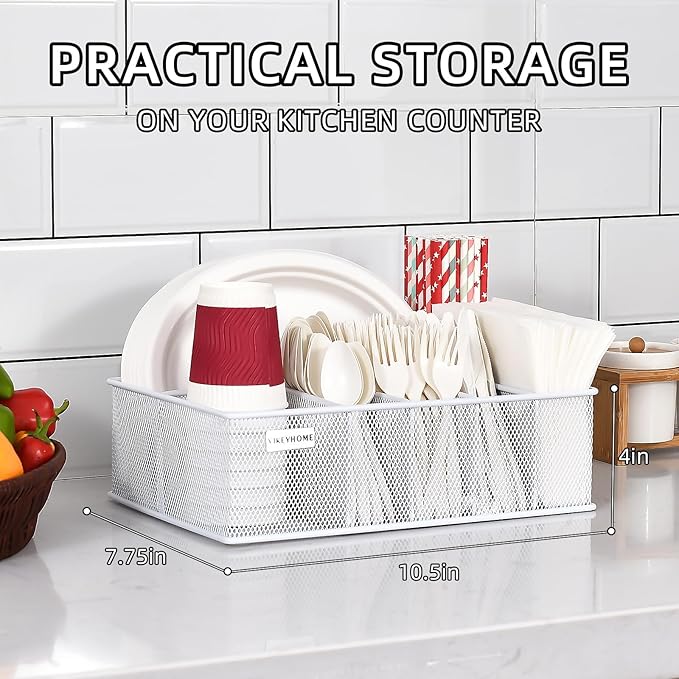 VIKEYHOME Paper Plate Organizer, Metal Silverware Caddy, White | 6 Compartments Utensil Holder for Plate, Knives, Spoon, Cup, Fork, Napkin, Caddy for Party, Camping, Picnic