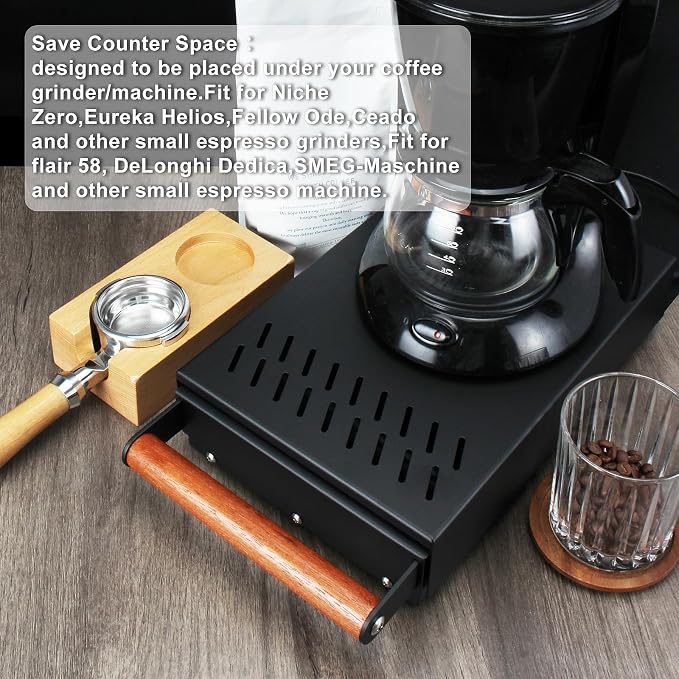 DIBTSA Espresso Knock Box Drawer,Stainless Steel Detachable Coffee Pucks Knock Container, Shock-Absorbent Durable Barista Style Knock Box, Removable Knock Bar,Wood handle and Non-Slip Base (Black)