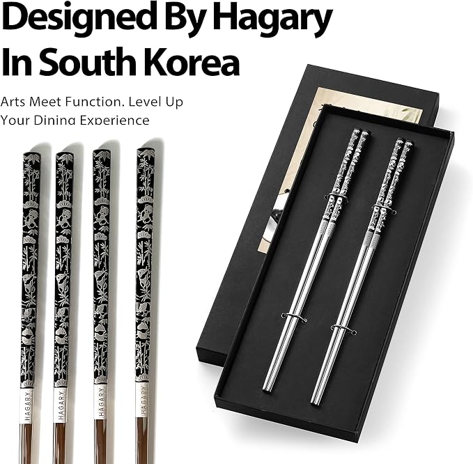 Hagary Panda Black Chopsticks Metal Chopsticks Reusable Designed In Korea Japanese Style Stainless Steel 316 18/10 Non-Slip Dishwasher Safe (Black - 2 Pairs)