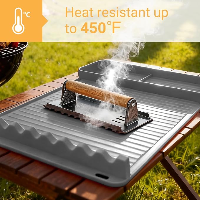 Silicone Grill Mat for Blackstone Griddles & Outdoor Grills - Heat Resistant (450°F) Countertop Protector, Non-Slip Tool Organizer & Grease Catcher, 16x11.5 Inch(Grey)