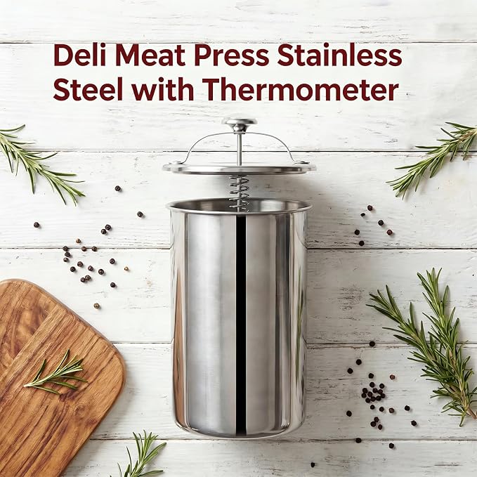Deli Meat Press Stainless Steel with Thermometer - 1 to 1.2 Kg Lunch Meat Press Mold for Deli Meats Homemade Ham Maker Lunch Meats Presss for Making Sandwich, Delimeat, Lunchmeat (Flake Handle)