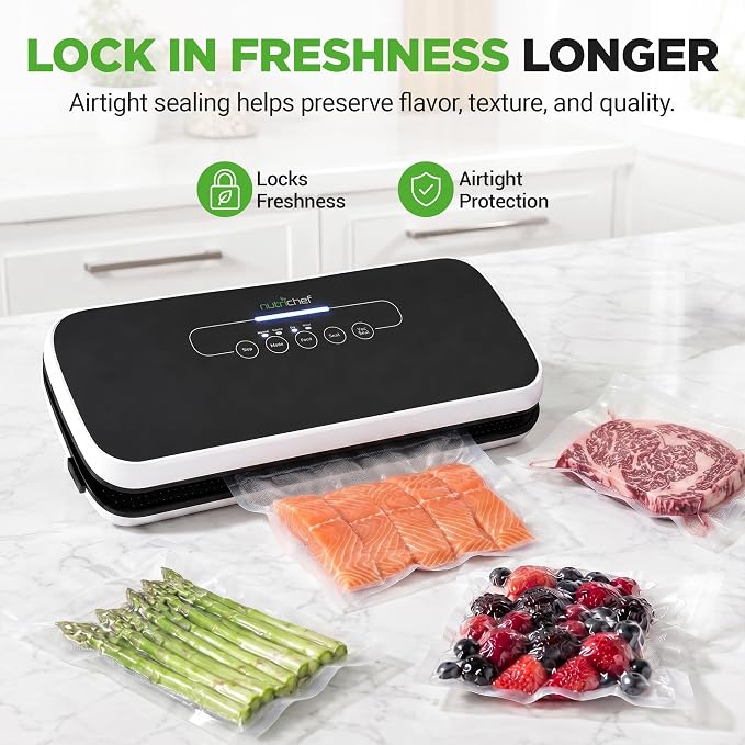 NutriChef Automatic Vacuum Air Sealing System for Food Preservation with Starter Kit, Compact Design, Lab Tested, Dry & Moist Food Modes with Led Indicator Lights, Black
