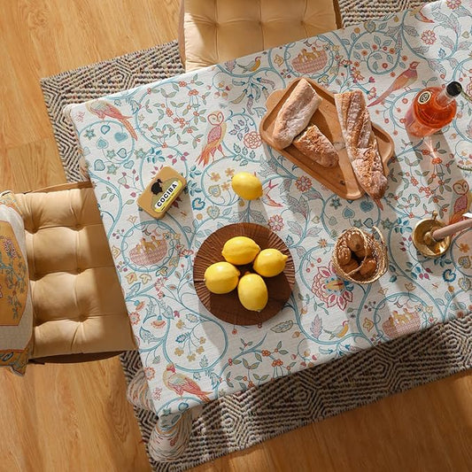 patdrea Designer Vintage French Rectangular Tablecloth,Floral Birds Pattern Linen Table Cloth,Fall Yellow Decor Table Cover for Kitchen Dining Banquet,Christmas,Thanksgiving,55"x79"-Magnolia