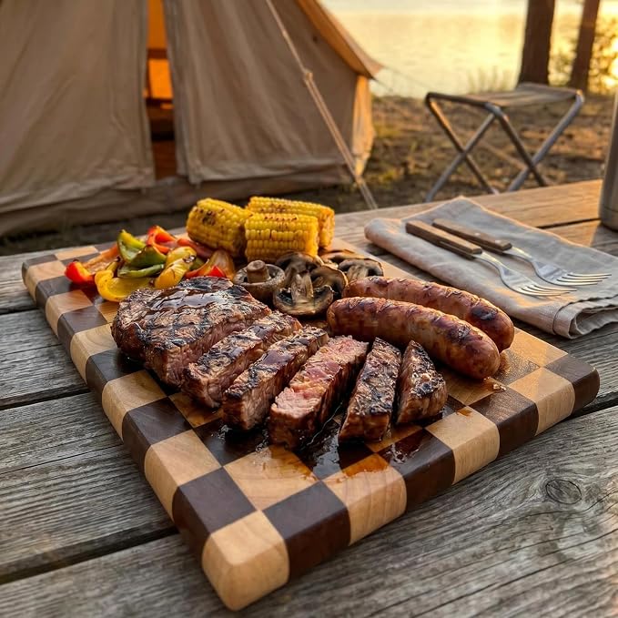 Checkered Cutting Board for Kitchen, 16"L x 11"W x 1"Th – Wooden Chopping, Cheese & Charcuterie Board in Acacia Wood, Butcher Block Serving Tray for Meat, Fruit, Bread & Vegetables | 16" x 11" x 1" Thick | Acacia & Rubber Wood | Cheese & Charcuterie Bo...