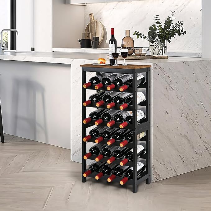 VASMIA Wine Rack Freestanding Floor, 6 Tier Bamboo Wine Storage Shelves with Table Top, 24-Botttle Wine Rack Shelf for Kitchen Bar Dining Room Living Room, Rustic Brown and Black