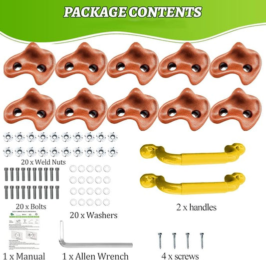 10 Rock Wall Climbing Holds Extra Large with 2 Handle,DIY Rock Climbing Grips with Mini Wrench for Indoor Outdoor Playground Play Set(Brown)