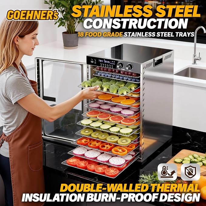 Food Dehydrator Machine 18 Stainless Steel Trays, 18ft² Meat Dehydrator for Jerky Up to 194°F Temperature Control and 5 Presets and 48H Timer, 1000W Food Dryer for Dog Treats, Herbs, Fruit and Veggies