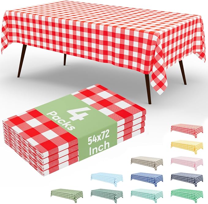 4 Packs Buffalo Disposable Table Cloth, 54 x 72 Inch Waterproof Plastic Tablecloth, Rectangle Red and White Checkered Table Covers for Picnic, Birthday, Party, Back to School