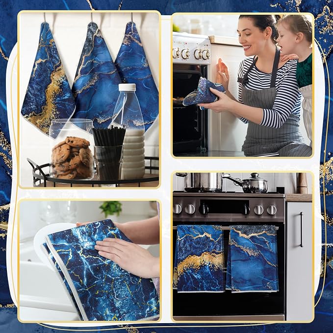 Boyiee 6 Pcs Marble Hand Towels Blue and Gold Towels Navy Blue Kitchen Towel Modern Gifts Absorbent Soft Decorative Dish Cloths Tea Towel Set Kitchen Decor Ocean Gift for Holiday Farmhouse Bathroom