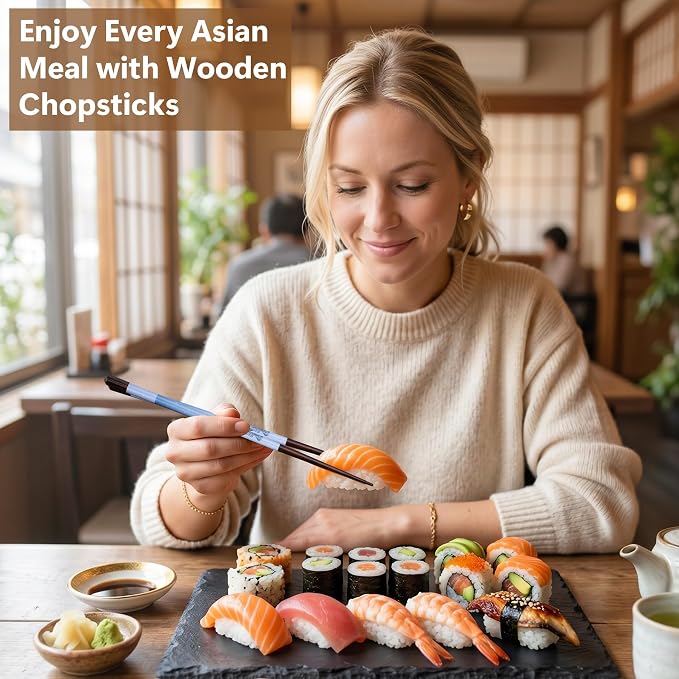 Antner 5 Pairs Reusable Wooden Chopsticks & Ceramic Rests Set, 8.8 Inch/22.5cm Classic Japanese Style Chop Sticks with Chopstick Holders for Ramen Sushi Asian Cuisine Lovers, Black Gift Box