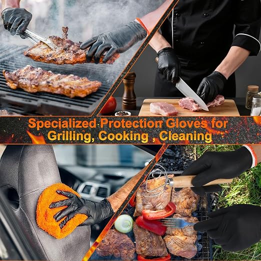 ANBOSON BBQ Gloves Disposable, Heat Resistant Grilling Gloves for Cooking | 6Mil Disposable Nitrile Gloves-100Ct & 4 Cotton Liners for BBQ, Grill, Smoker, Cooking, Food Prep, Catering, XLarge, Black