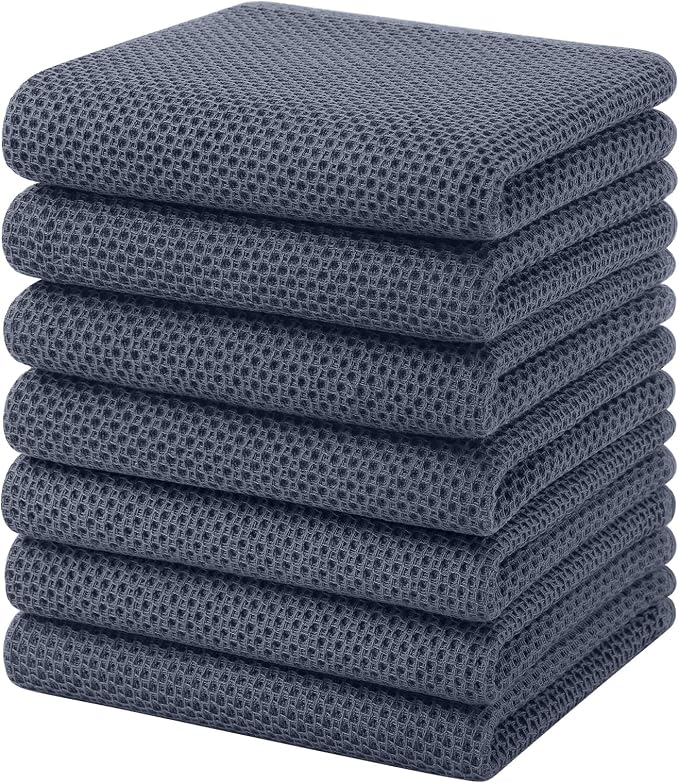 Homaxy 100% Cotton Waffle Weave Kitchen Towels, 7-Pack, Dark Grey | 13 x 28 Inches, Ultra Soft Absorbent Dish Towels, Quick Drying Cleaning Towels
