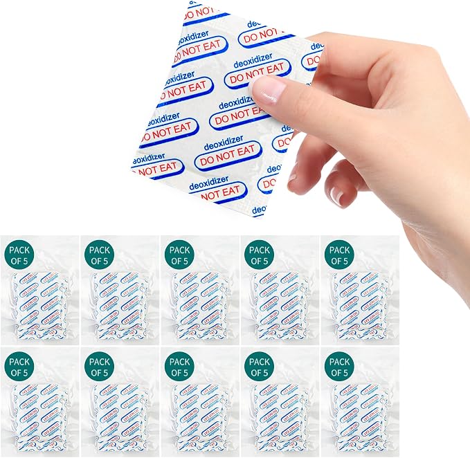 1000cc 50 Packs Food Grade Oxygen Absorbers - 5 Packs x 1 Vacuum Bag for Long Term Food Freshness - O2 Absorber for Canning & Preserving