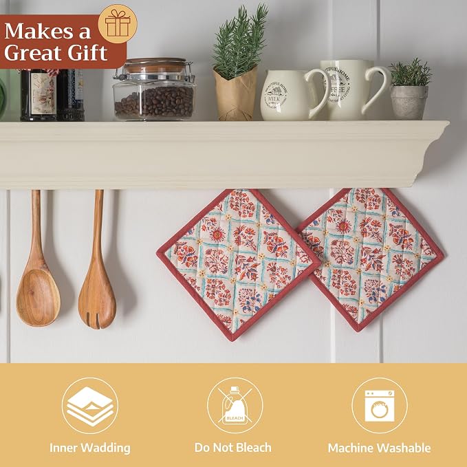Maison d' Hermine Pot Holders 100% Cotton Potholders (8" x 8", Pack of 2) | Heat Resistant Hot Pads with Loop BBQ Cooking Baking Hotel Kitchen Handling Hot Pans Thanksgiving Christmas - Romane