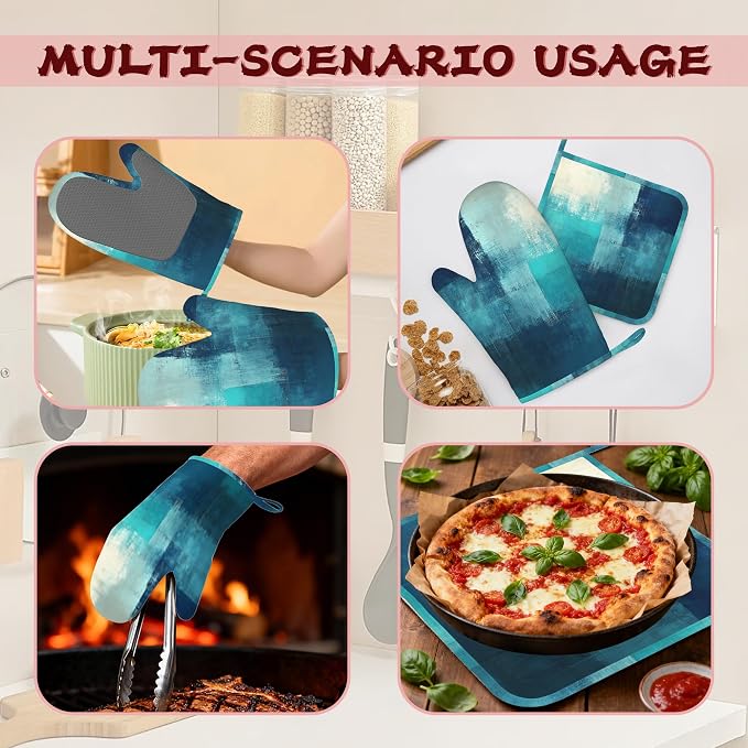 Turquoise Grey Oven Mitts and Pot Holders (4PCS),Teal Modern Art Heat Resistant Non-Slip Silicone Kitchen Gloves for Cooking, Baking, BBQ Waterproof Kitchen Accessories