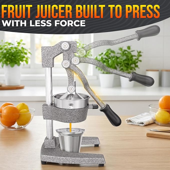 Cast Iron Juicer Hand Press, Heavy-Duty Squeezer, 304 Stainless Steel Bowl – One Pull Extracts Full Juice – Manual Citrus Press Juicer & Orange Squeezer for Lemon, Lime & Lemonade at Home Bar (Silver)