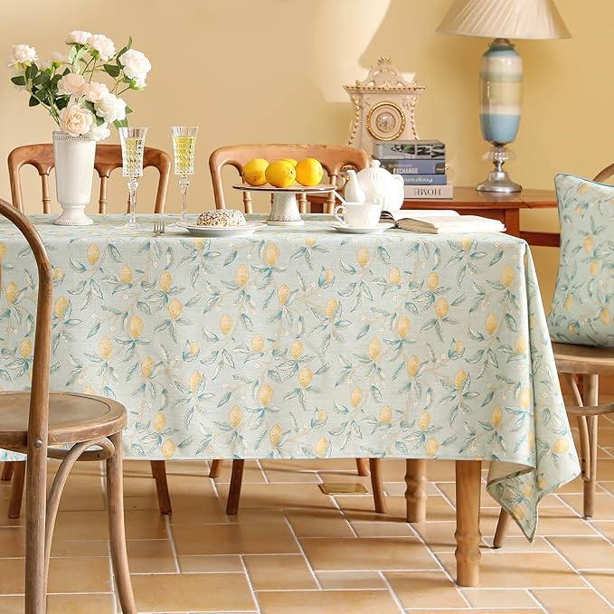 patdrea Designer Linen Green Tablecloth for Rectangle Table,Vintage Breathable Yellow Fruits Pattern Extra Long Table Cloth,Decor Cover for Kitchen Dining,Christmas,Thanksgiving,67"x118"-Ania a