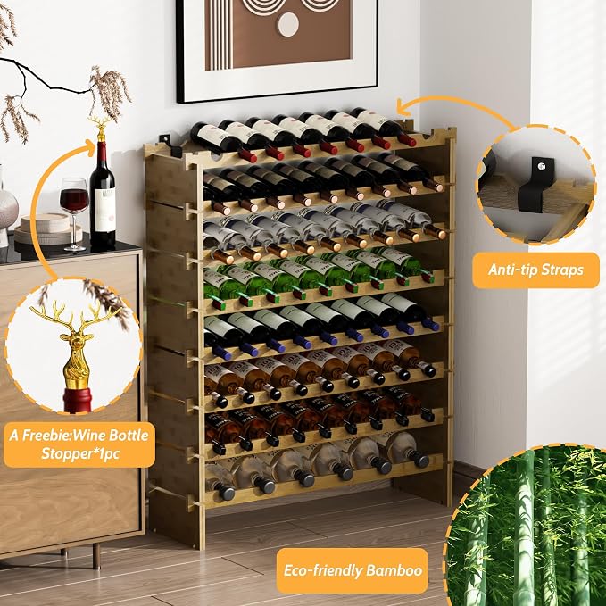 Bamboo Large Wine Rack, 8-Tier Freestanding Floor Bottle Storage Holder | 69-Bottle Storage | Wooden Wine Storage Organizer Shelves for Kitchen Bar, Cellar, & Dining Room | Walnut | Anti-Tip Kit
