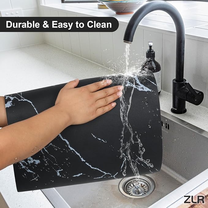ZLR Coffee Bar Mat for Keurig & Nespresso, 12"x16" Small, Marble Black | Absorbent Dish Drying Mat, Stain-Hiding PU Leather Top, Non-Slip Rubber Back, Heat-Resistant, Fits Frother & Pour-Over