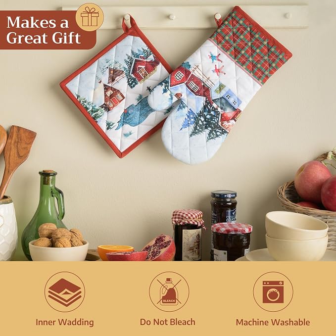 Maison d' Hermine 100% Cotton Oven Mitt & Pot Holder Set (7.5"x13" & 8"x8") | Heat Resistant BBQ Cooking Gloves with Loop Baking Grilling Kitchen Hotel Home Farmhouse Thanksgiving Christmas - Megeve