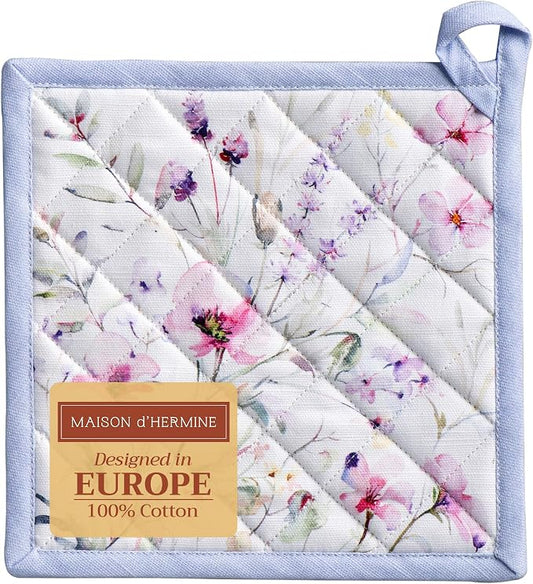 Maison d' Hermine Pot Holders 100% Cotton Potholders (8" x 8", Pack of 1) | Heat Resistant Hot Pads with Loop BBQ Cooking Baking Farmhouse Kitchen Handling Hot Pans Spring Summer - Summer Floral