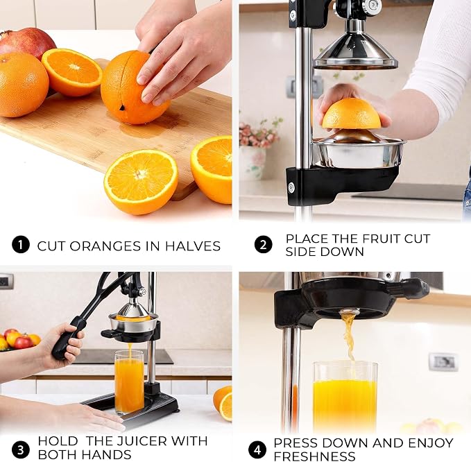 Zulay Kitchen Pulperizer 9 in 1 Cast Iron Juicer - Easy-to-Clean Heavy-Duty Manual Juicer with Presser Attachment to Juice All Types of Fruits! Extra Tall with Stainless Steel Bowl - Black